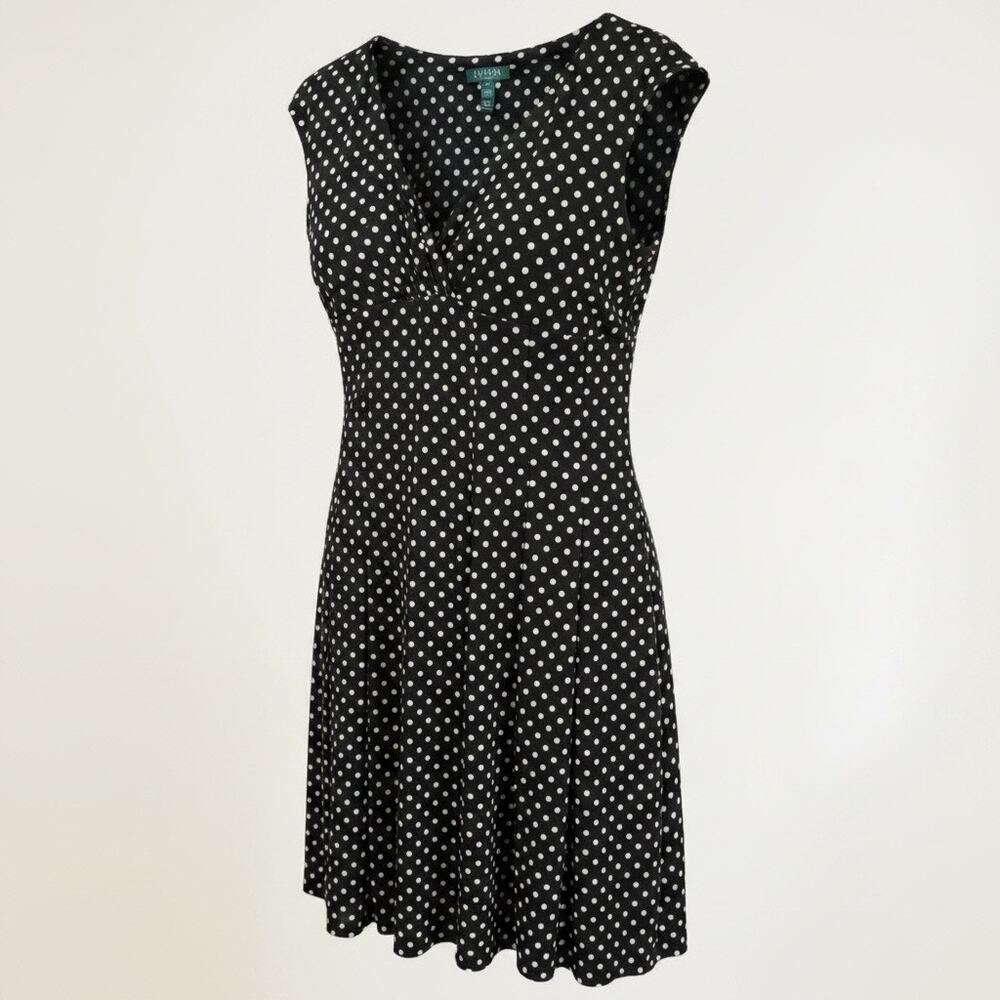 Lauren Ralph Lauren Polka Dot V-Neck Cap Sleeve Jersey Dress Size 14
